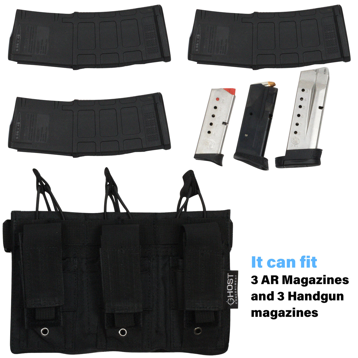 RIFLE AND PISTOL MAG POUCH WITH TRIPLE MAGAZINE STORAGE FOR AR, M4, 9MM, GLOCK, AND TACTICAL FIREARMS, DUAL CARRIER POUCH WITH OPEN TOP MOLLE ACCESS, BLACK