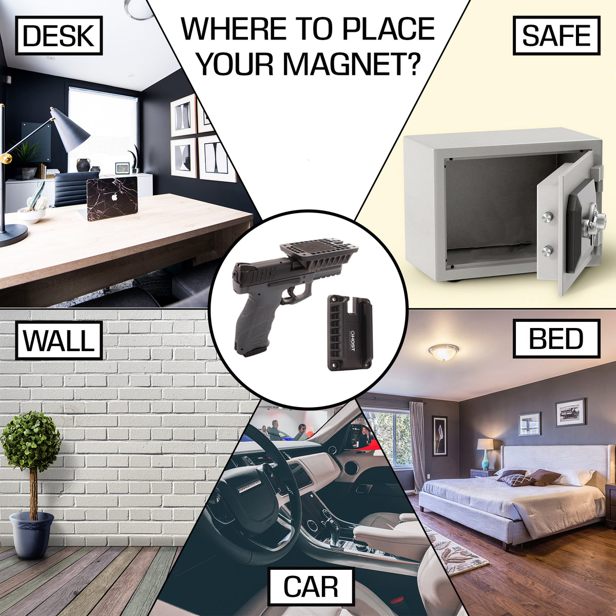 TACTICAL QUICK LOAD GUN MAGNET MOUNT HOLSTER - MAGNETIC CAR GUN MOUNT PISTOL HOLDER - GUN RACK WALL MOUNT, BEDSIDE HOLSTER, QUICK LOAD & FAST DRAW GUN MOUNT FOR SELF DEFENSE