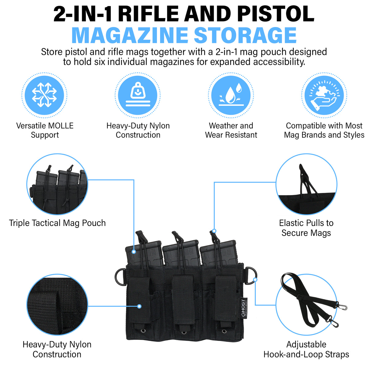 RIFLE AND PISTOL MAG POUCH WITH TRIPLE MAGAZINE STORAGE FOR AR, M4, 9MM, GLOCK, AND TACTICAL FIREARMS, DUAL CARRIER POUCH WITH OPEN TOP MOLLE ACCESS, BLACK